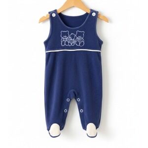VTG Kessler Baby 80s 90s Footed Sleeper Overalls‎ Bear Blue Velour 3-6 Months